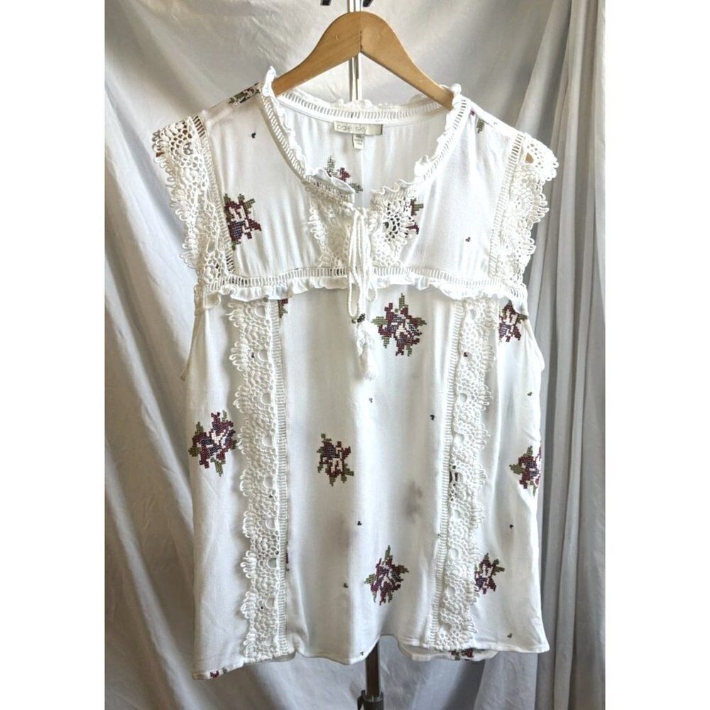 PALE SKY Boho Cross-Stitched White Embroidered Sleeveless Hi-Low Blouse size XXL - Picture 2 of 8